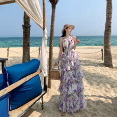 批发实拍  法式度假风白紫木槿花挂脖<b class='q'>雪纺</b>蛋糕<b class='q'>长裙女</b>V领连衣裙