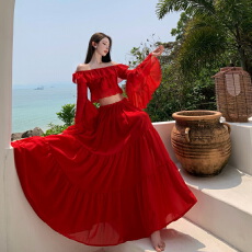 批发实拍 法式绝美红色<b class='q'>雪纺</b>一字肩半身长裙沙滩海边度假大摆裙子 套装