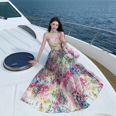 批发实拍 绝美油墨碎花垂感大摆吊带连衣裙收腰名媛修身<b class='q'>长裙</b>