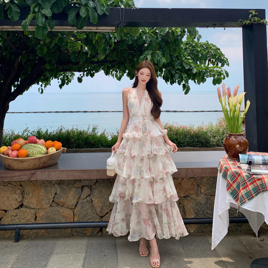 실사 프랑스식 휴가 바람 모네 정원 행침 목 쉬폰 케이크 롱 스커트 여성 V넥 드레스