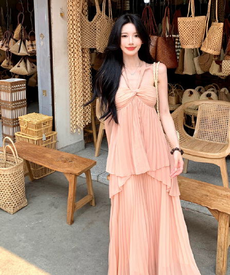하나 달콤한 복숭아 분말 안개 모네 단색 슬립 행침 목 맨위 플리츠 반신 스커트 세트