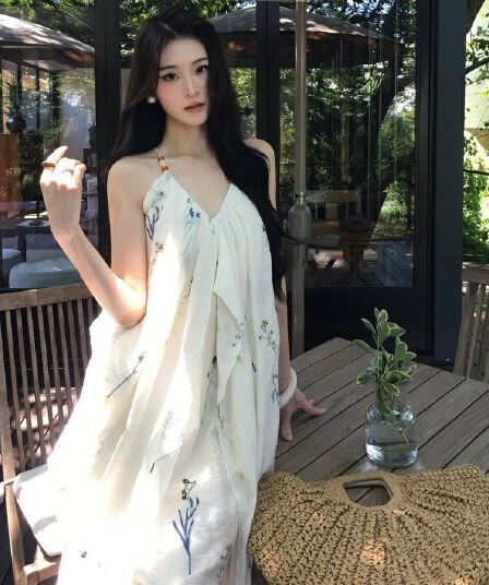 휴가 바람 자수 불규칙 민소매 행침 목 슬립 여성 드레스 여름 백리스 해변 길다 치마
