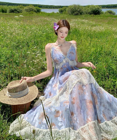 실사 부드러운 바람 레이스 프린트 드레스 불규칙 V넥 연꽃 잎 롱 스커트 품격 대 치마 슬립 드레스 여름