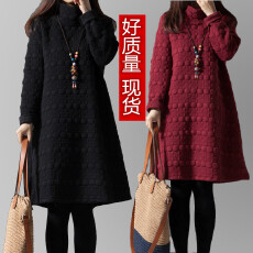批发爆款春<b class='q'>秋</b>新款韩版大码宽松女装高领夹棉加厚打底长袖连衣裙