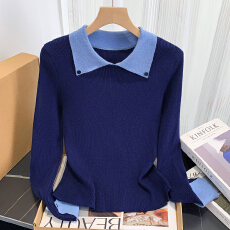 批发宝蓝色Polo领拼接撞色长袖针织衫女2025秋冬季内搭<b class='q'>打底衫</b>修身上衣