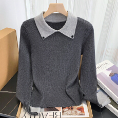 批发宝蓝色Polo领拼接撞色长袖针织衫女2025秋冬季内搭<b class='q'>打底衫</b>修身上衣