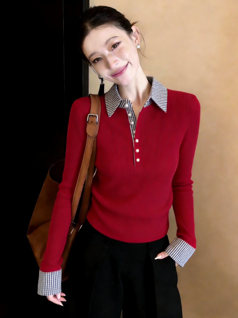 2026 봄 새로운 달콤함 체크무늬 패치워크 POLO 칼라 페이크 레이어드 니트 스웨터 여성 출퇴근 연령 감소 풀오버 맨위