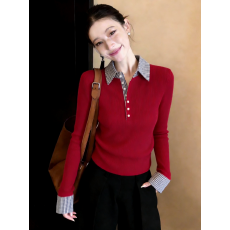 批发2026春季新款<b class='q'>甜美</b>格纹拼接polo领假两件针织衫女通勤减龄套头上衣