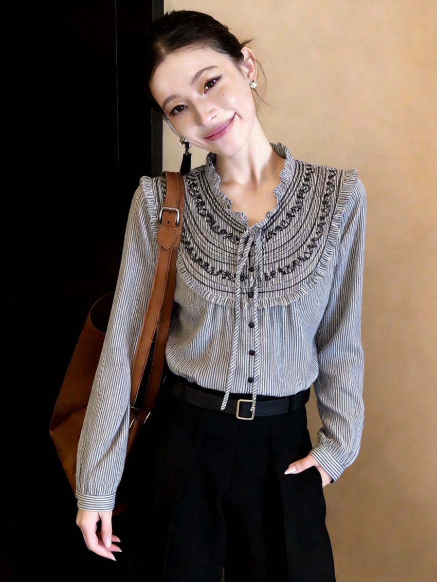2026 봄 스트라이프 Pleat 객실 프랑스식 레트로 연령 감소 무거운 작업 자수 프릴 스트라이프 작은 셔츠 여성