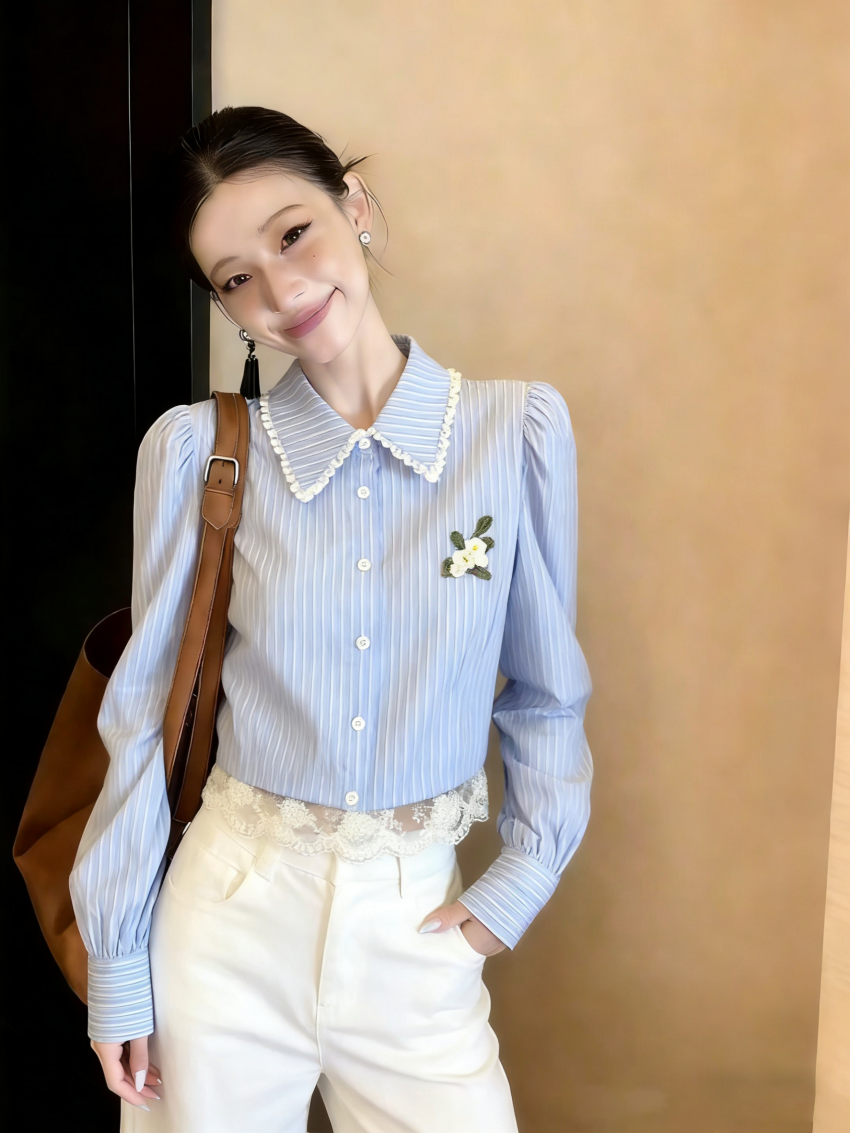 디자인 센스 베이비 칼라 레이스 레이스 스트라이프 긴팔 셔츠 여자 봄 가을 착용 가져 가라. 쇼트 스타일 파란색 셔츠 맨위