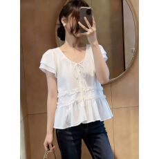 批发韩系蝴蝶结系带<b class='q'>衬衫</b>女2026夏季款宽松飞飞袖木耳边减龄娃娃衫上衣