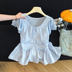 批发韩系<b class='q'>蝴蝶结</b>系带<b class='q'>衬衫</b>女2026夏季款宽松飞飞袖木耳边减龄娃娃衫上衣