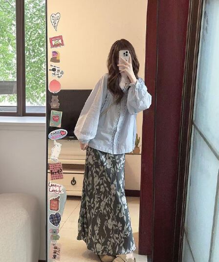 작은 키 프랑스식 긴팔 셔츠 세트 여성 고유 한 보트 기계 착용 가져 가라. 전체 집합 자이언트 잘 생긴 품격 패션 롱 스커트