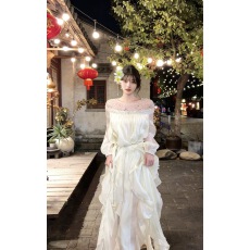 批发法式烫钻闪闪一字肩网纱<b class='q'>连衣裙</b>女春季设计感气质名媛生日礼服<b class='q'>长裙</b>