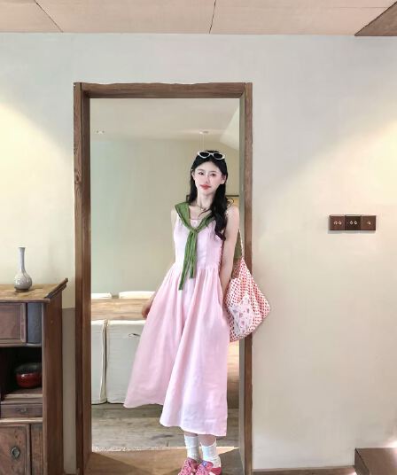 한 부서 부드러운 핑크색 민소매 슬립 여성 드레스 여름 신선함 배색 녹색 숄 투피스 세트