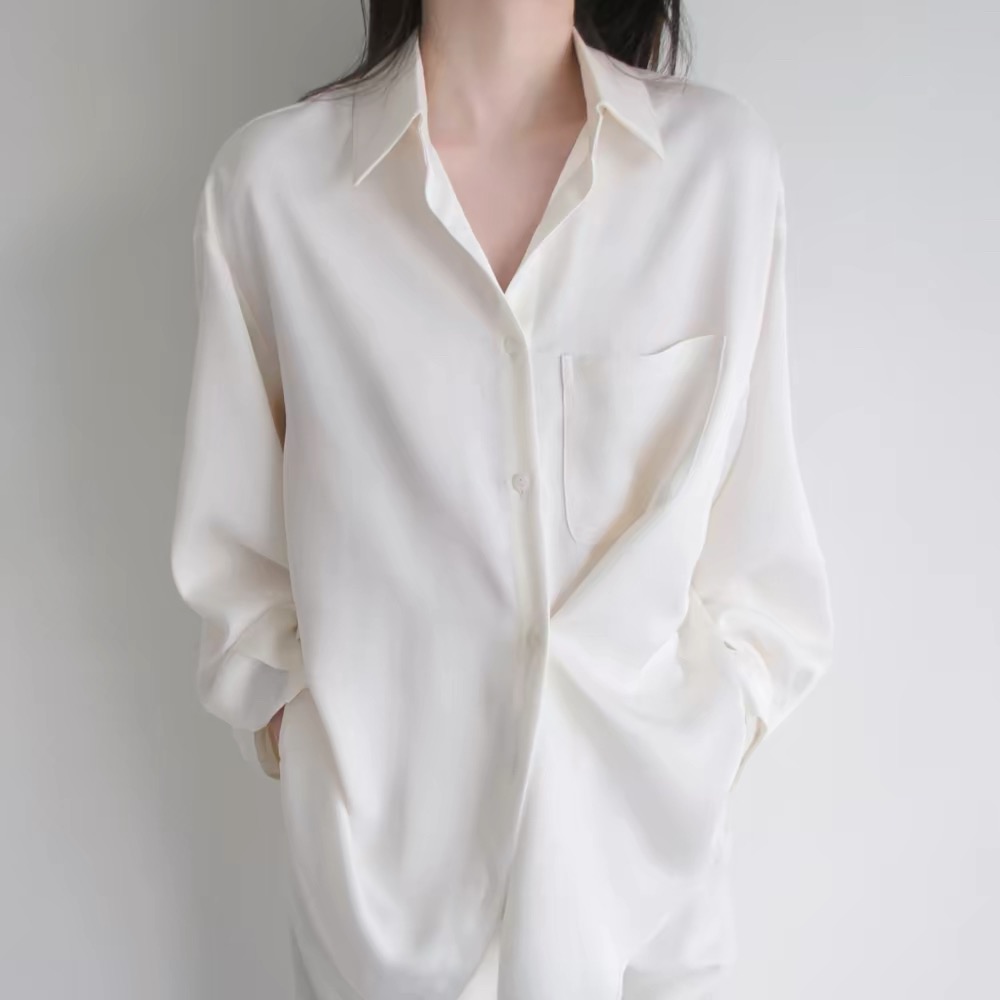 lost and found 진주 블랙 잡아라. 주름 바보 빛 공단 비대칭 디자인 남자 친구 바람 긴팔 셔츠