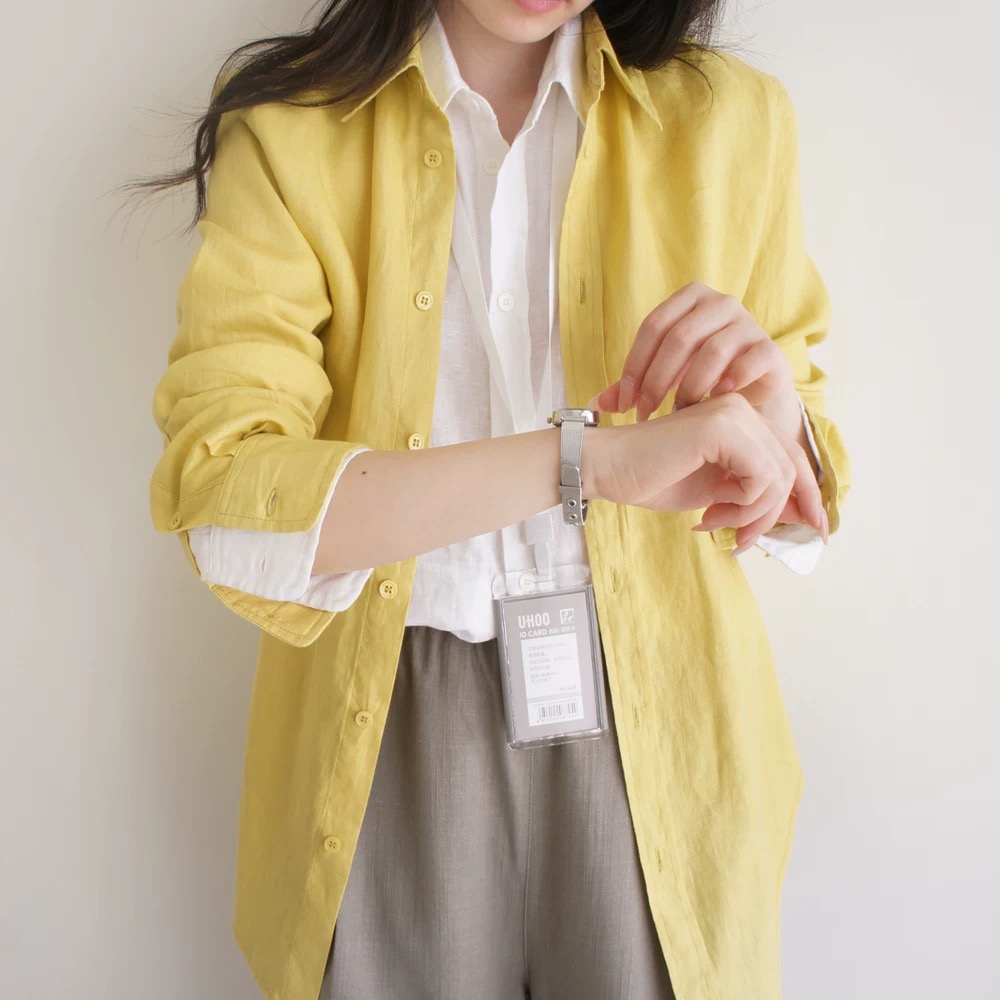 lost and found 100 아마 분말 블루 황색 화이트 긴팔 셔츠 酵素 워싱 높은 품질 기지 이 단락