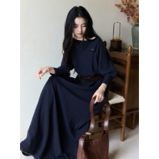 批发【墨岚】复古气质圆领<b class='q'>连衣裙</b>女秋季垂坠大摆显瘦收腰长裙