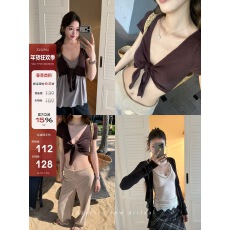 批发Xzichic BM风纯棉亲肤长袖针织衫女宽松无领百搭绑带短袖开衫上衣