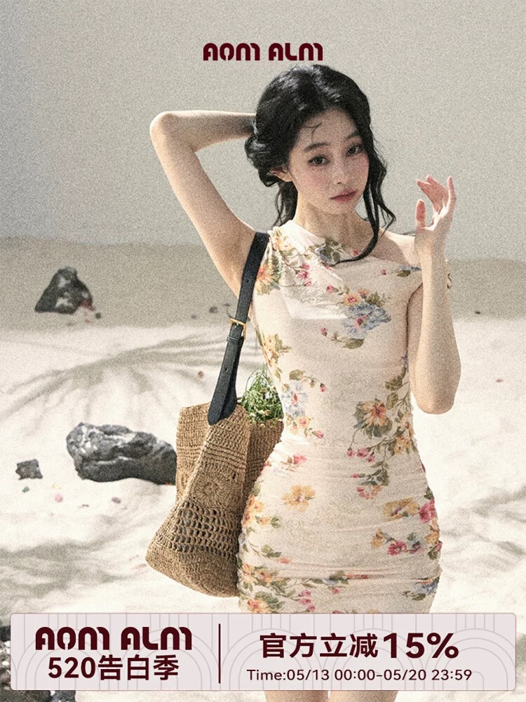 aomalm 덜 또한 눈 나 기대 벚꽃 프랑스식 망사 꽃무늬 여성 드레스 여름 허리 수축 타이트 스커트 미니 스커트
