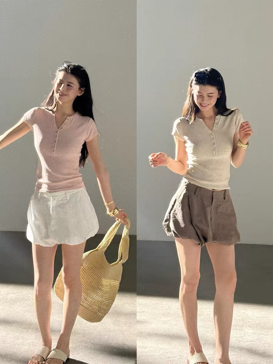 heygirl 블랙 형제 제인 부서 아마 t 질감 센스 헨리 칼라 조개 버클 몸매 가꾸기 반팔 티셔츠 여성 여름 맨위