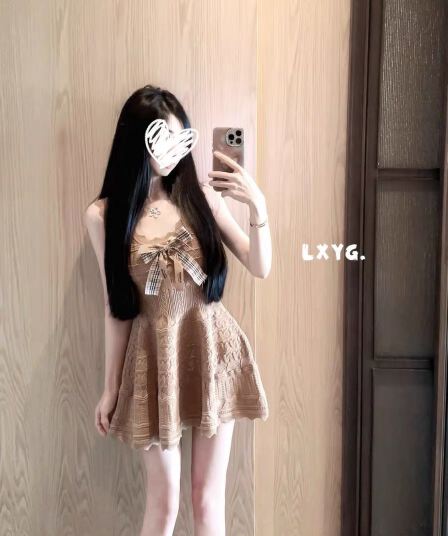 lxyg 여름 새로운 켜기 신당 칼라 나비 매듭 민소매 니트 조끼 원피스 허리 수축 한 마디 슬립 미니 스커트 여성
