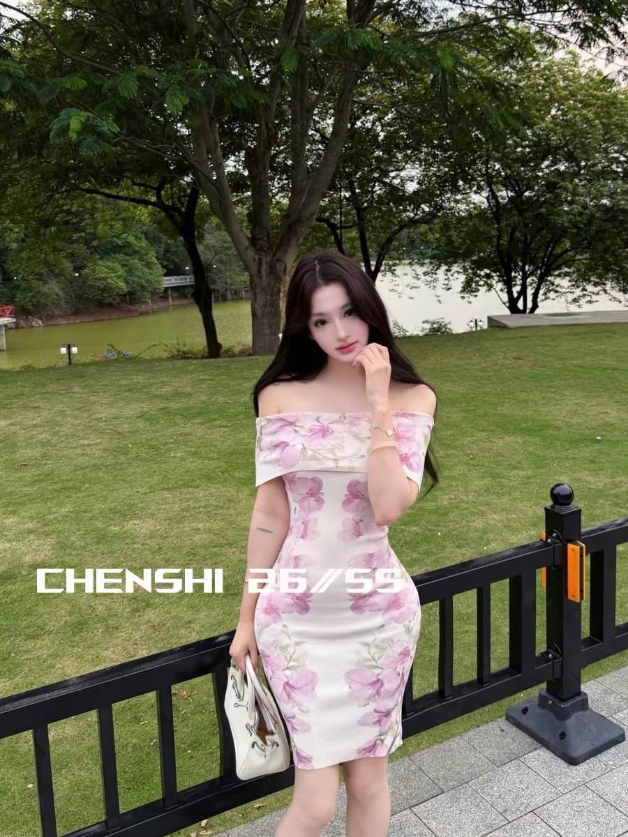 chen shi 옥 여름 얼음 장미 오프숄더 니트 꽃무늬 타이트 스커트 드레스 여름 통기성 한 마디 짧은 치마