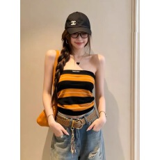 批发辣妹撞色条纹抹胸吊带背心女<b class='q'>夏</b>日多巴胺风短款修身显瘦一字肩上衣