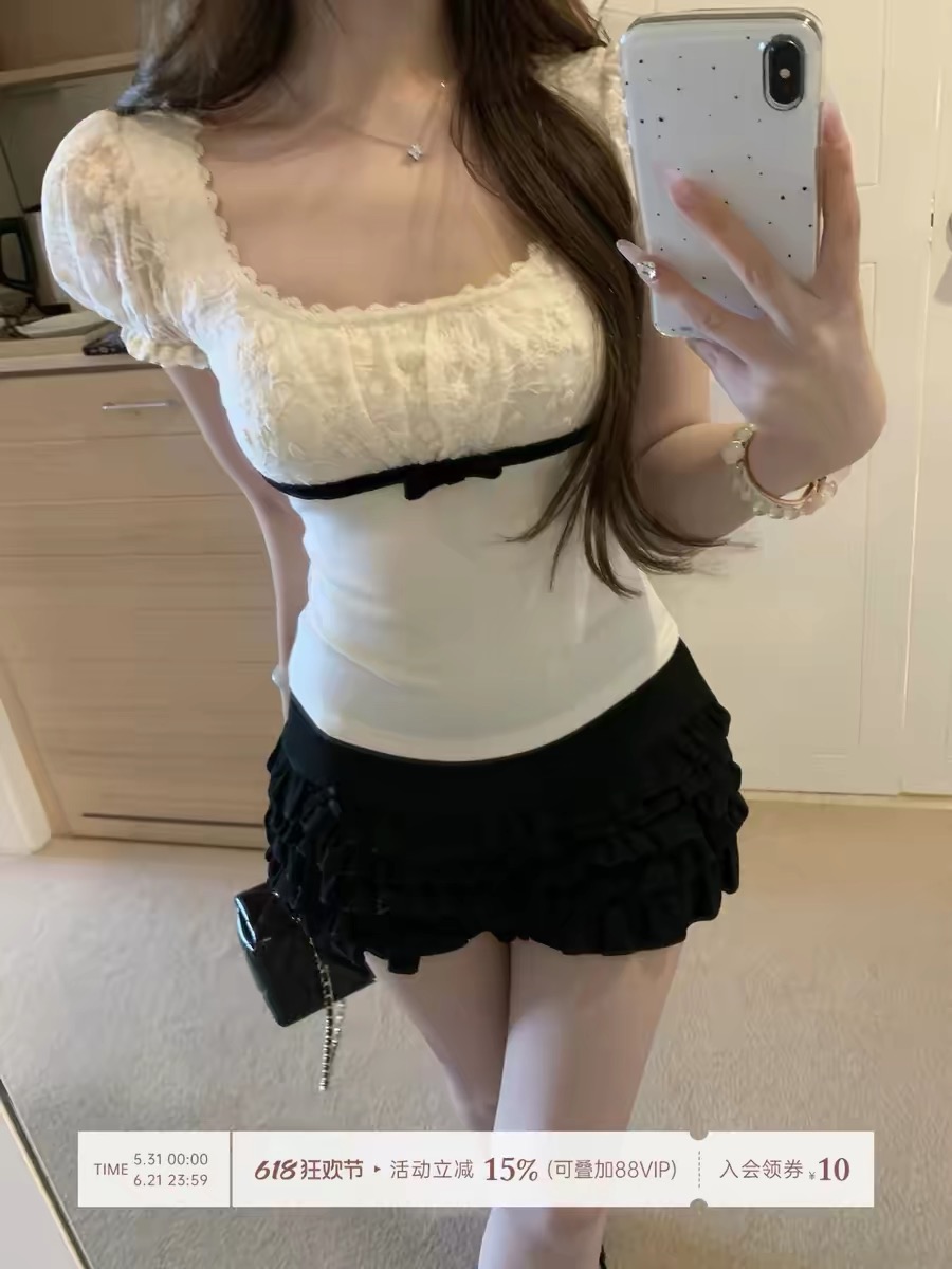 lukira 하고 싶은 대로 하게 하다 작은 miu 프랑스식 천 골드 센스 레이스 광장 칼라 버블 반팔 티셔츠 여성 여름 몸매 가꾸기 맨위