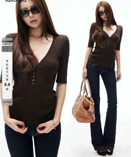 iamxiaa 실 프로 피부 통기성 수직 질감 v 종류 헨리 칼라 중간 소매 리브 수신 측면 몸매 가꾸기 니트 스웨터