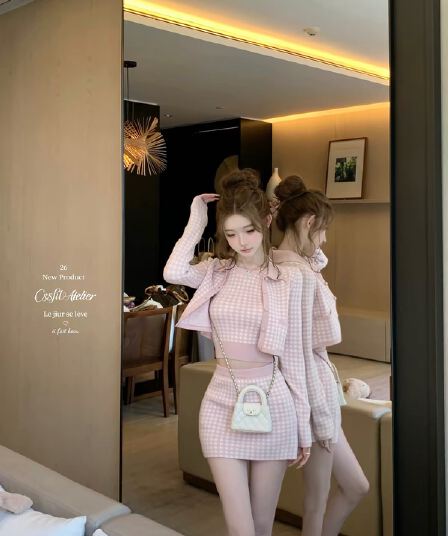 늦게 우산 우산 26 ss 바다 소금 향기로운 노래 주간 실크 양 털이 푸른 그리드 분말 그리드 오픈 가디건 조끼 반 스커트 3종 세트 그룹