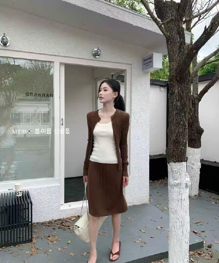 mt 33 한 부서 핫걸 바람 조끼 오픈 가디건 펌프 로프 스트레이트 반신 스커트 여성 26 이른 가을 니트 세 조각 세트