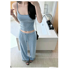 批发Laareetoo <b class='q'>条纹</b>吊带背心女夏季短款打底上衣显瘦直筒休闲裤套装