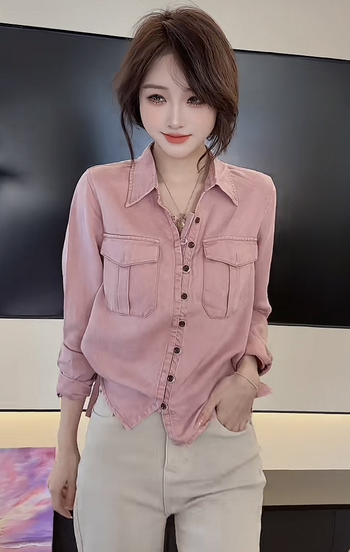 항구 바람 품격 POLO 칼라 핑크색 데님 재킷 연령 감소 디스플레이 화이트 긴팔 셔츠