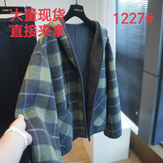 批发连帽格纹双面呢<b class='q'>大</b>衣<b class='q'>女</b>短毛呢<b class='q'>外套</b>小个子秋冬