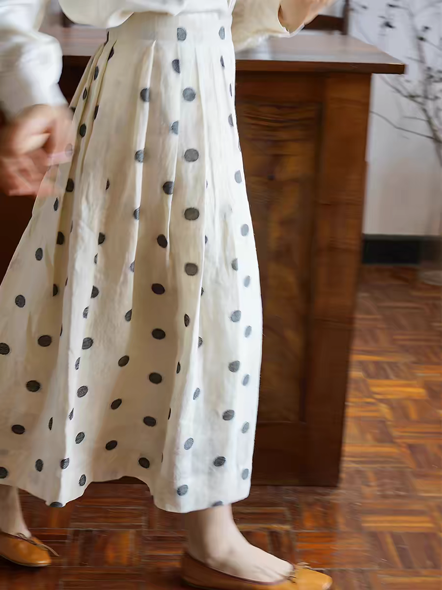 프랑스식 레트로 아마 도트 무늬 반신 스커트 여름 중간 길이 빅 플레어 스커트