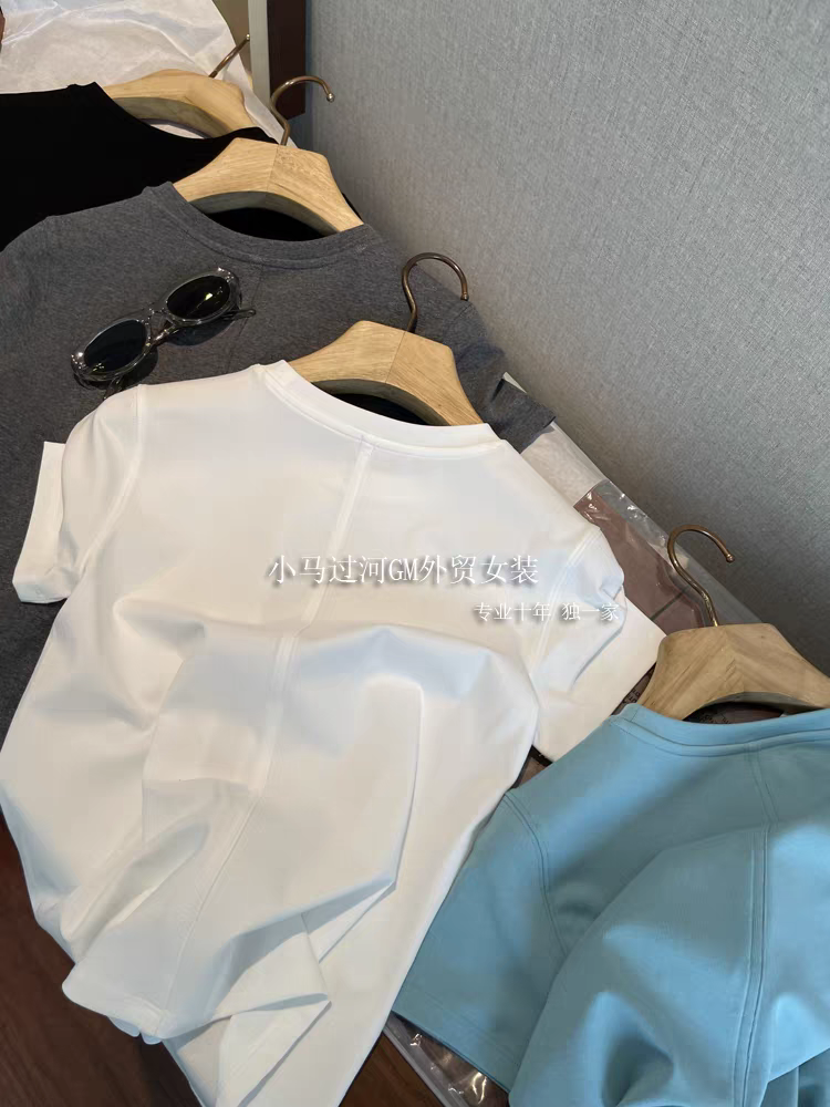 절대적으로 입소문 전체 화면 찬양 여름 기초 섹션 뒤로 중 바느질 긍정적 인 어깨 반팔 단색 티셔츠 여성