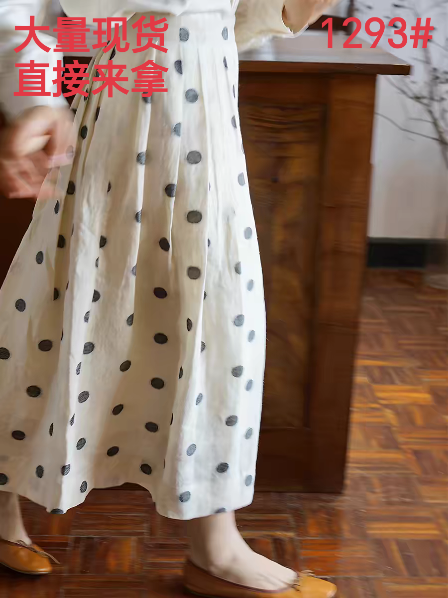 프랑스식 레트로 아마 도트 무늬 반신 스커트 여름 중간 길이 빅 플레어 스커트