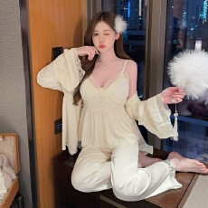 批发舒雅春夏冰雪丝V领蕾丝<b class='q'>睡衣</b>女高级三件套家居服 可拆卸胸垫