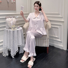 批发【舒雅】珍珠娃娃领短袖长裤冰雪丝春秋睡衣女荷叶边家居服套装