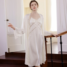 批发舒雅冰雪丝带胸垫裙袍套装<b class='q'>睡衣</b>女<b class='q'>性感</b>蕾丝吊带纯欲色长袖家居服