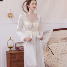 批发【舒雅】冰雪丝带胸垫 <b class='q'>春</b>秋纯欲长袖芭蕾鱼骨网纱宫廷风女睡裙