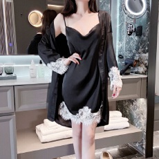 批发【舒雅】冰雪丝（固定胸垫）<b class='q'>春</b>夏吊带中长裙袍女两件套性感蕾丝