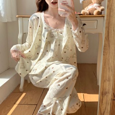 批发【舒雅】泡泡棉皱布（带胸垫可拆卸）长袖吊带卡通<b class='q'>三件套</b><b class='q'>睡衣</b>女