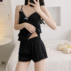 批发【舒雅】夏季新款缎面带胸垫 吊带短裤性感睡衣少女感家居服套装