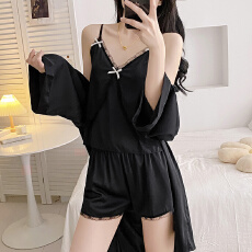 批发舒雅夏季新款缎面带胸垫 吊带短裤睡袍女气质<b class='q'>三件套</b>