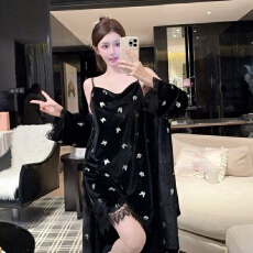 批发秋冬季金丝绒带胸垫 睡衣女性感<b class='q'>睡袍</b>女蕾丝烫银蝴蝶丝绒女