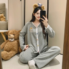 批发【舒雅】秋冬羊绒新款睡衣女<b class='q'>时尚</b>休闲开衫纯色卡通V领家居服套装