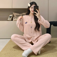 批发【舒雅】秋冬羊绒新款睡衣女<b class='q'>时尚</b>休闲开衫纯色卡通圆领家居服套装