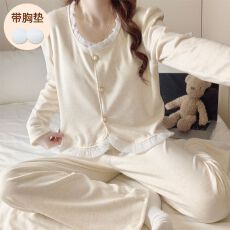 舒雅秋冬季新款羊绒带胸垫 小香风开衫长袖长裤家居服套装睡衣女